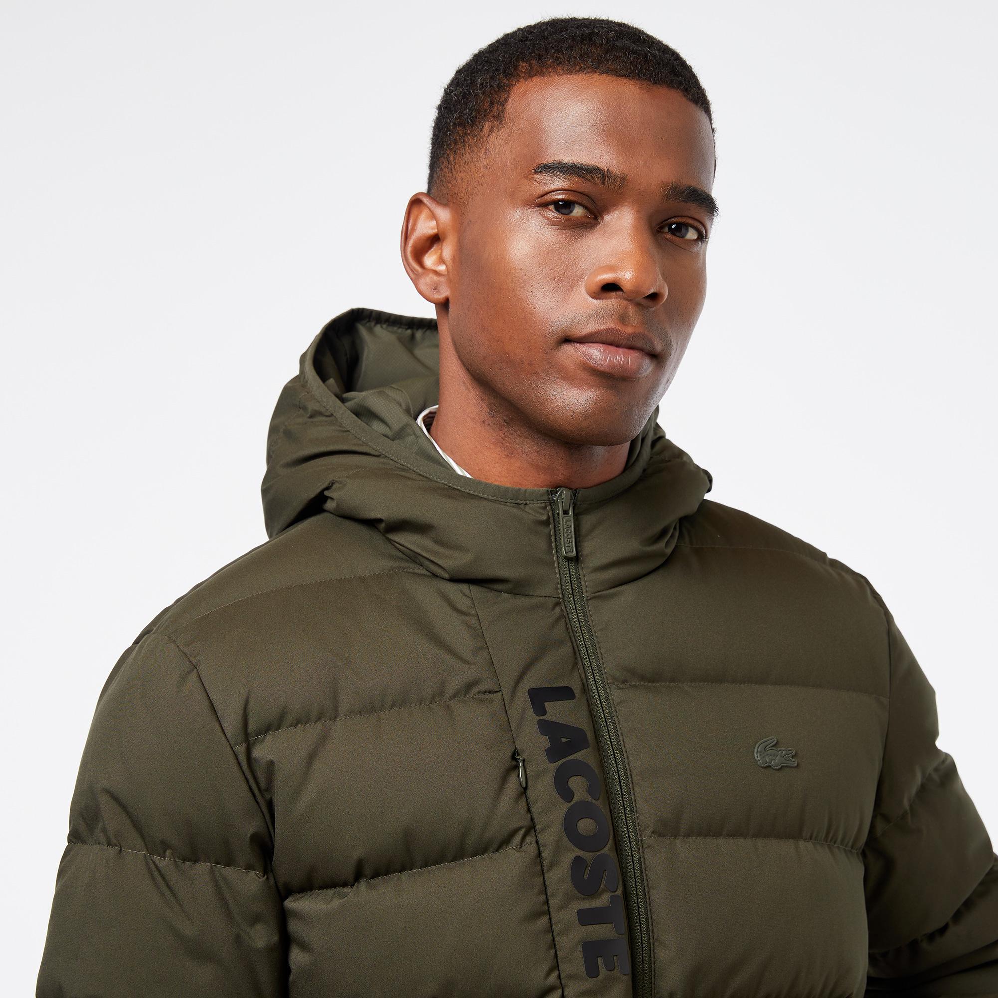 Erkek Regular Fit Kapüşonlu Koyu Yeşil Şişme Mont