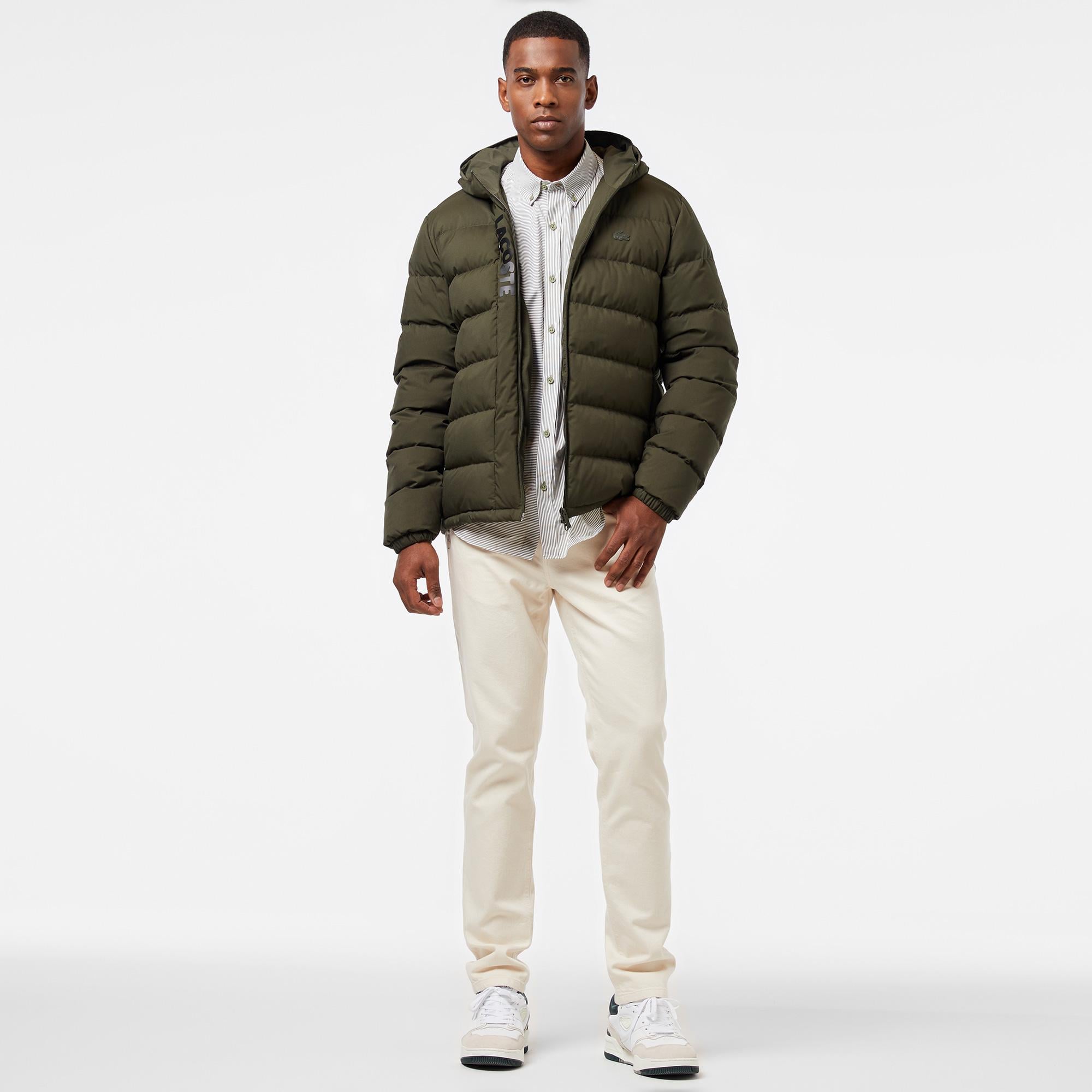 Erkek Regular Fit Kapüşonlu Koyu Yeşil Şişme Mont