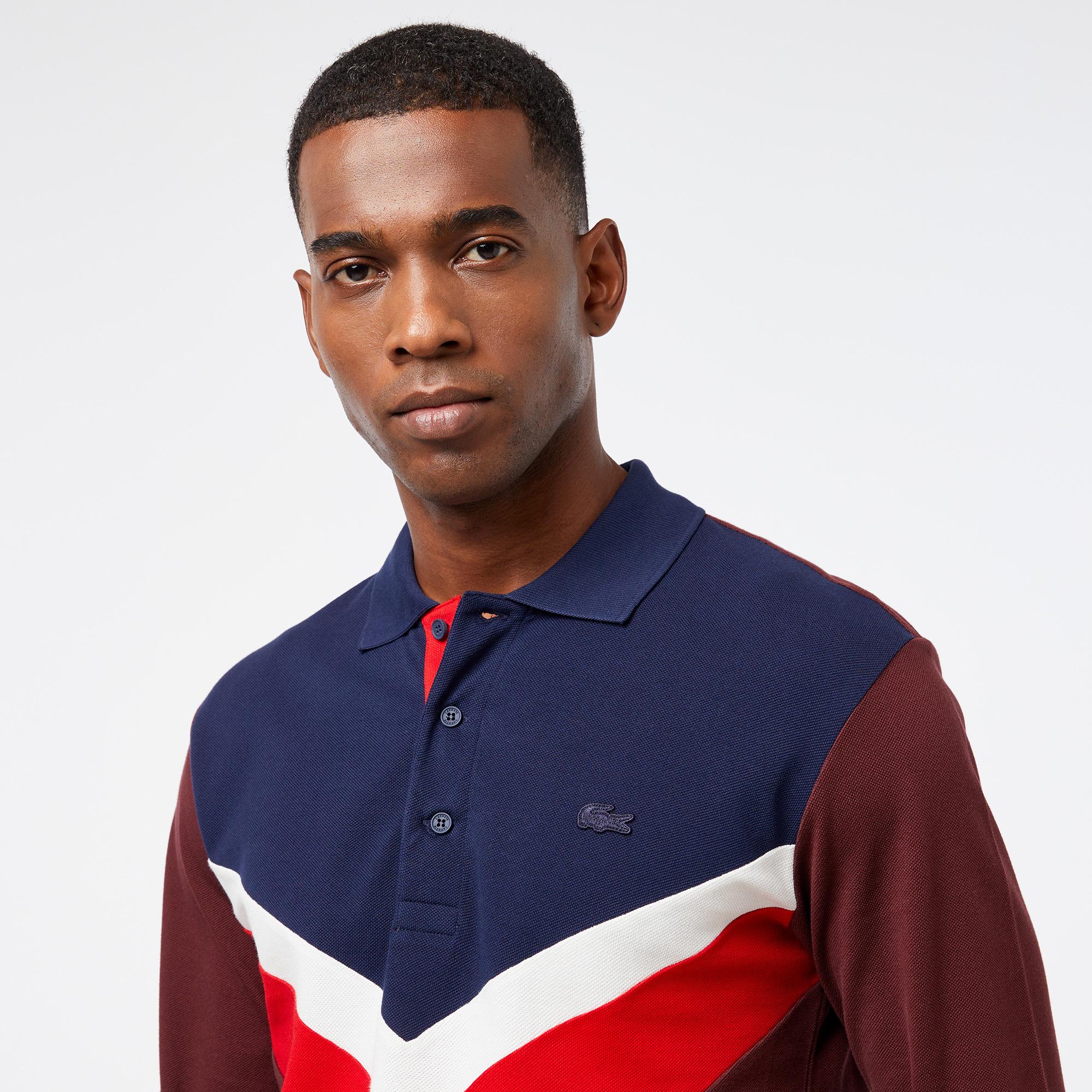 Erkek Classic Fit Uzun Kollu Renk Bloklu Bordo Polo