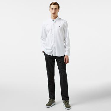  Erkek Slim Fit Düğmeli Yaka Beyaz Gömlek