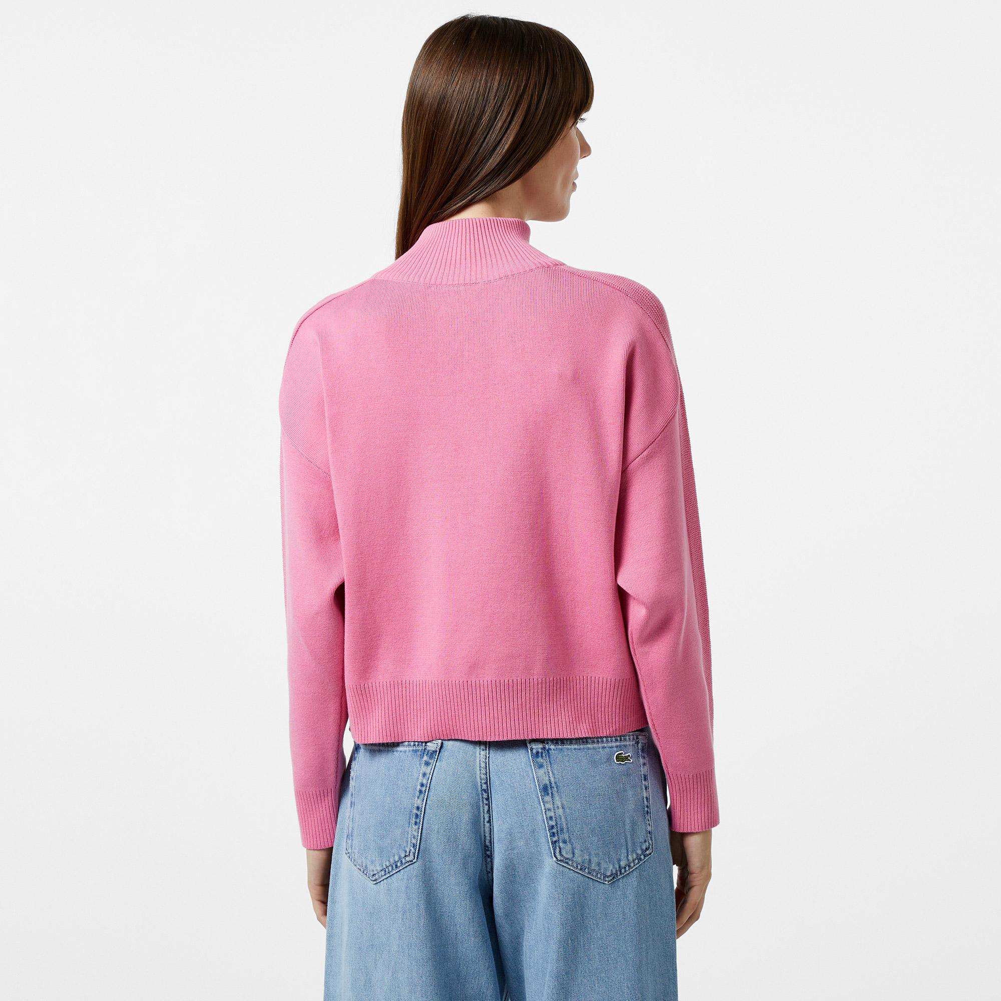 Kadın Relaxed Fit Yarım Fermuarlı Pembe Triko