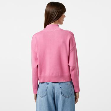  Kadın Relaxed Fit Yarım Fermuarlı Pembe Triko