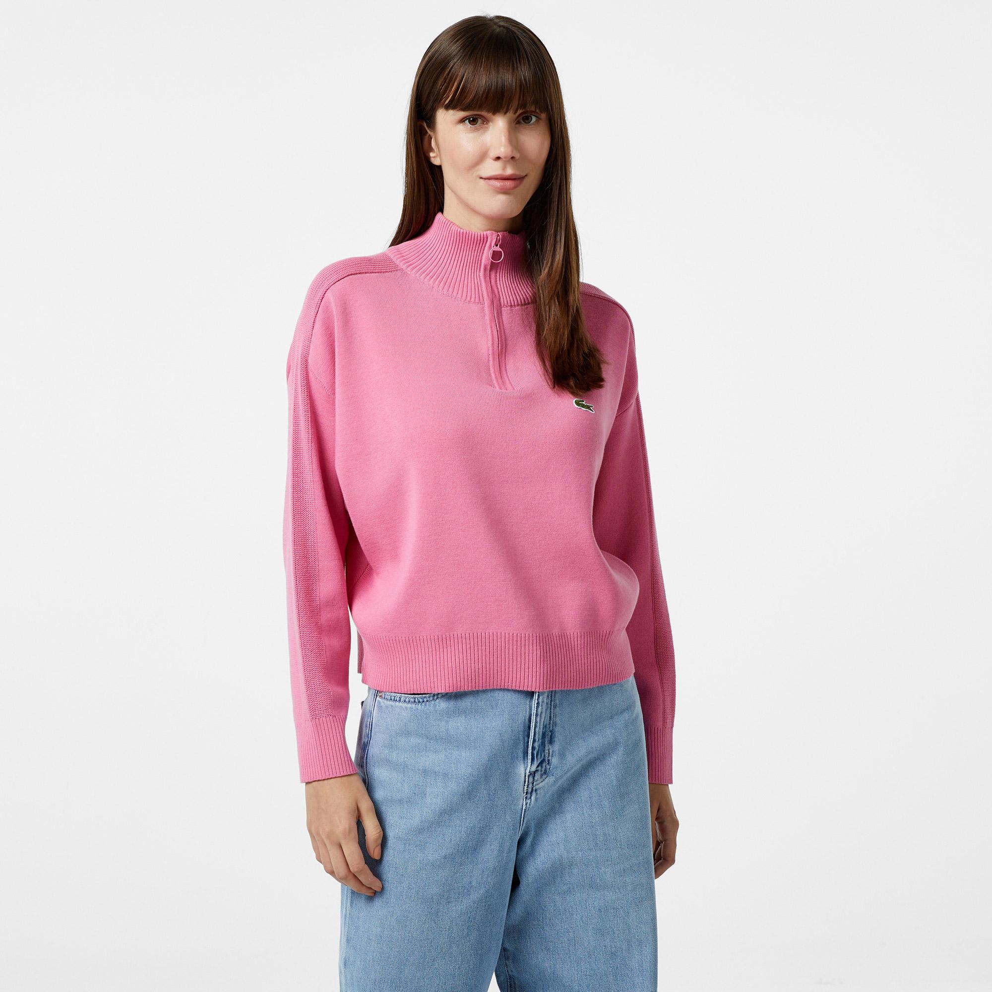 Kadın Relaxed Fit Yarım Fermuarlı Pembe Triko