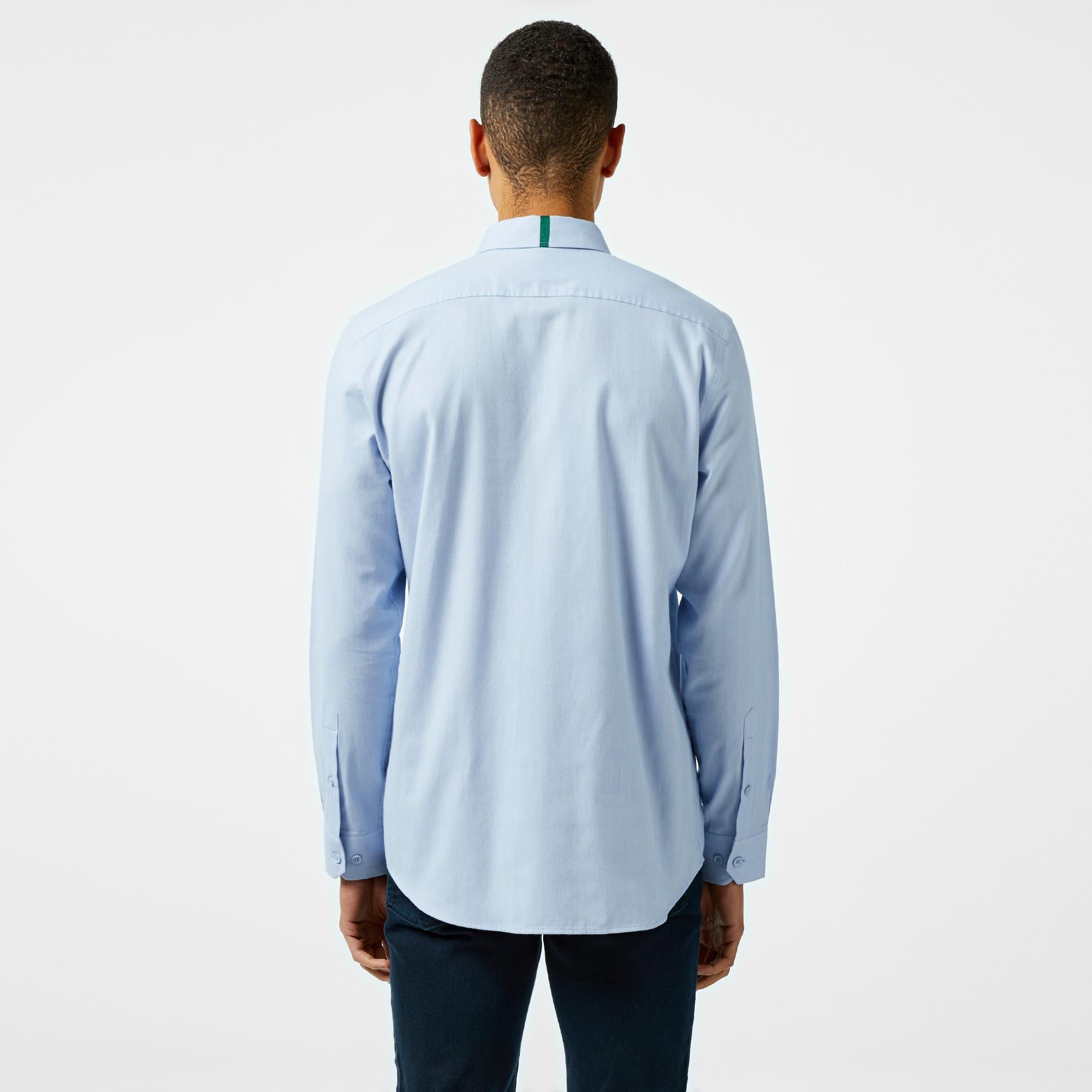 Erkek Slim Fit Düğmeli Yaka Mavi Gömlek