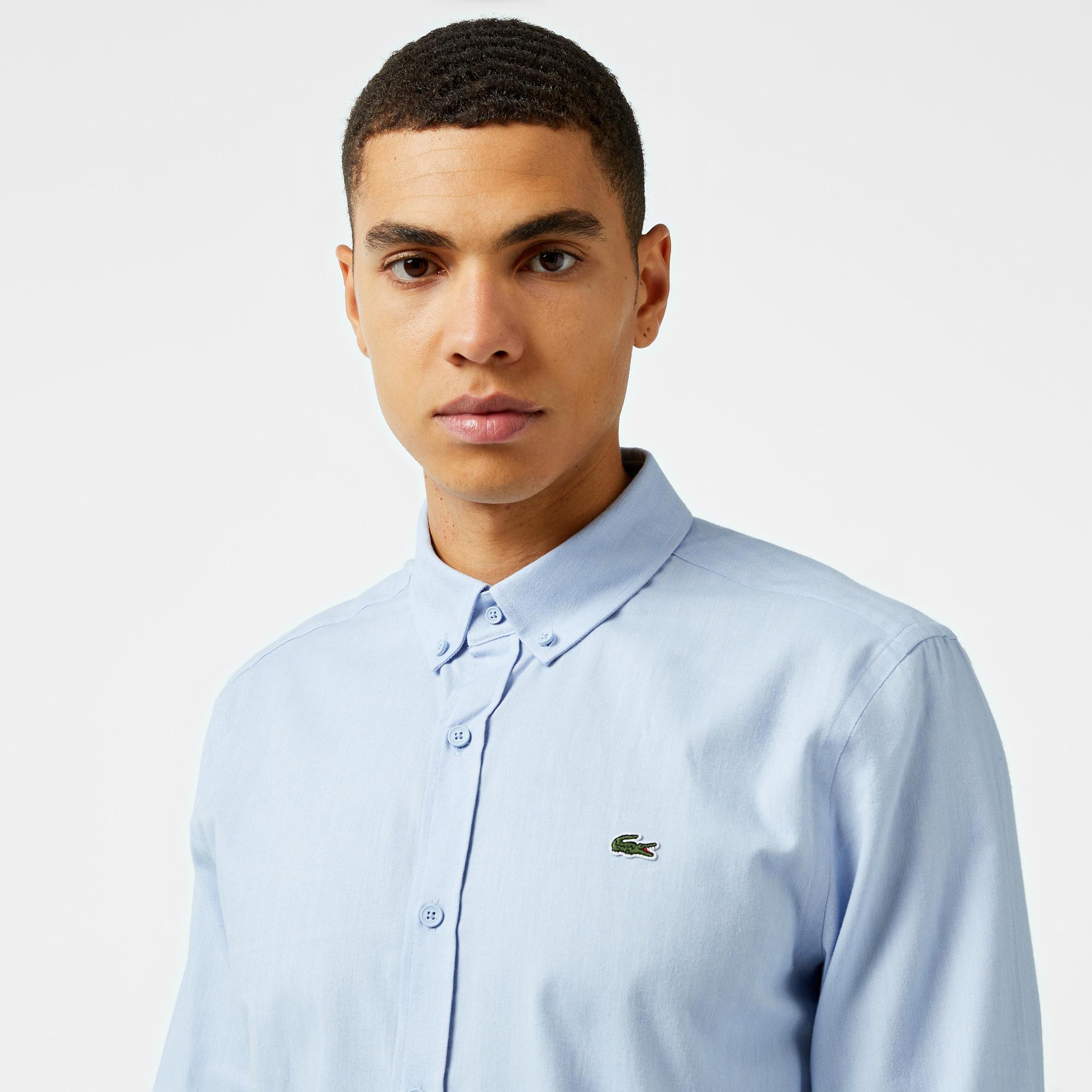 Erkek Slim Fit Düğmeli Yaka Mavi Gömlek