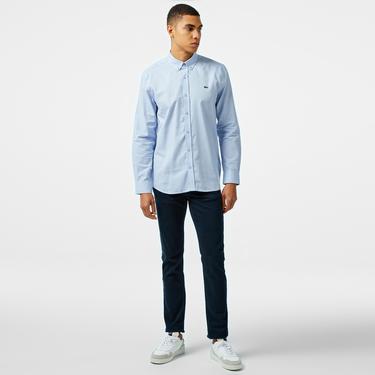  Erkek Slim Fit Düğmeli Yaka Mavi Gömlek