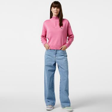  Kadın Relaxed Fit Yarım Fermuarlı Pembe Triko