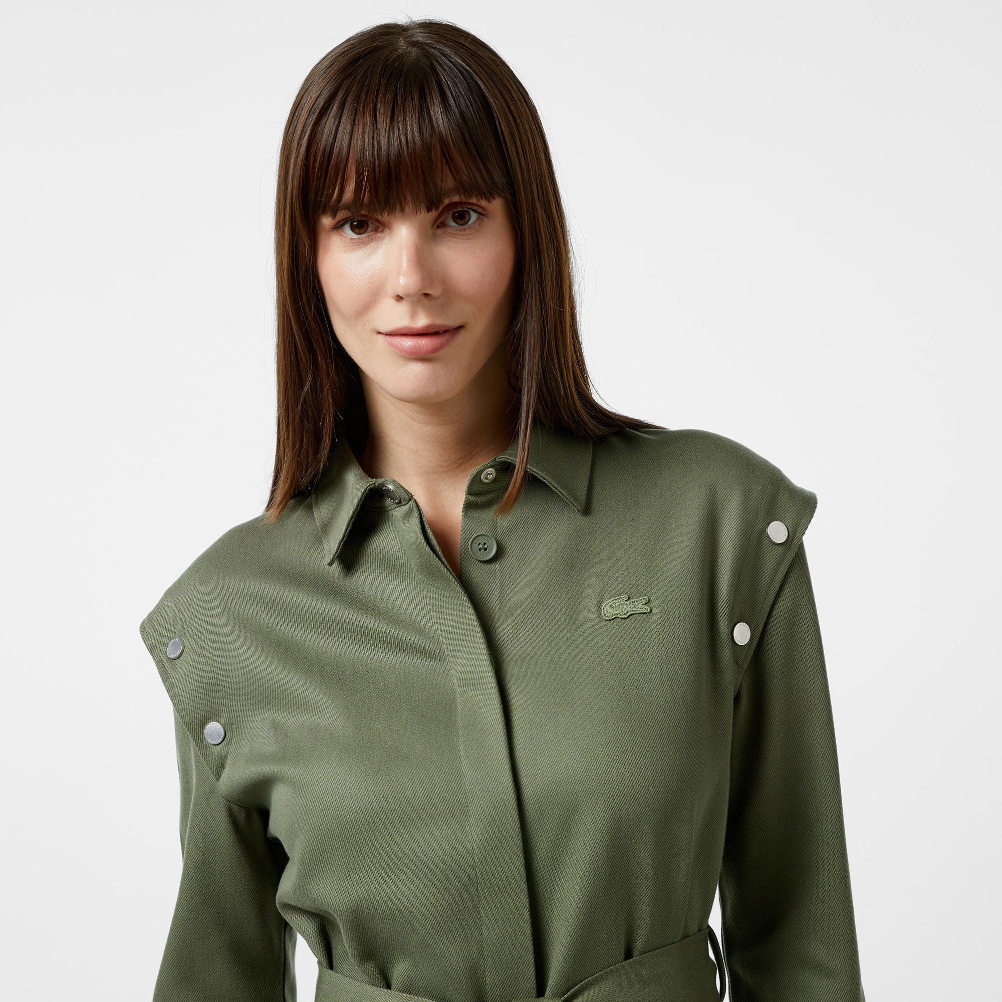 Kadın Relaxed Fit Uzun Kollu Gömlek Yaka Haki Elbise