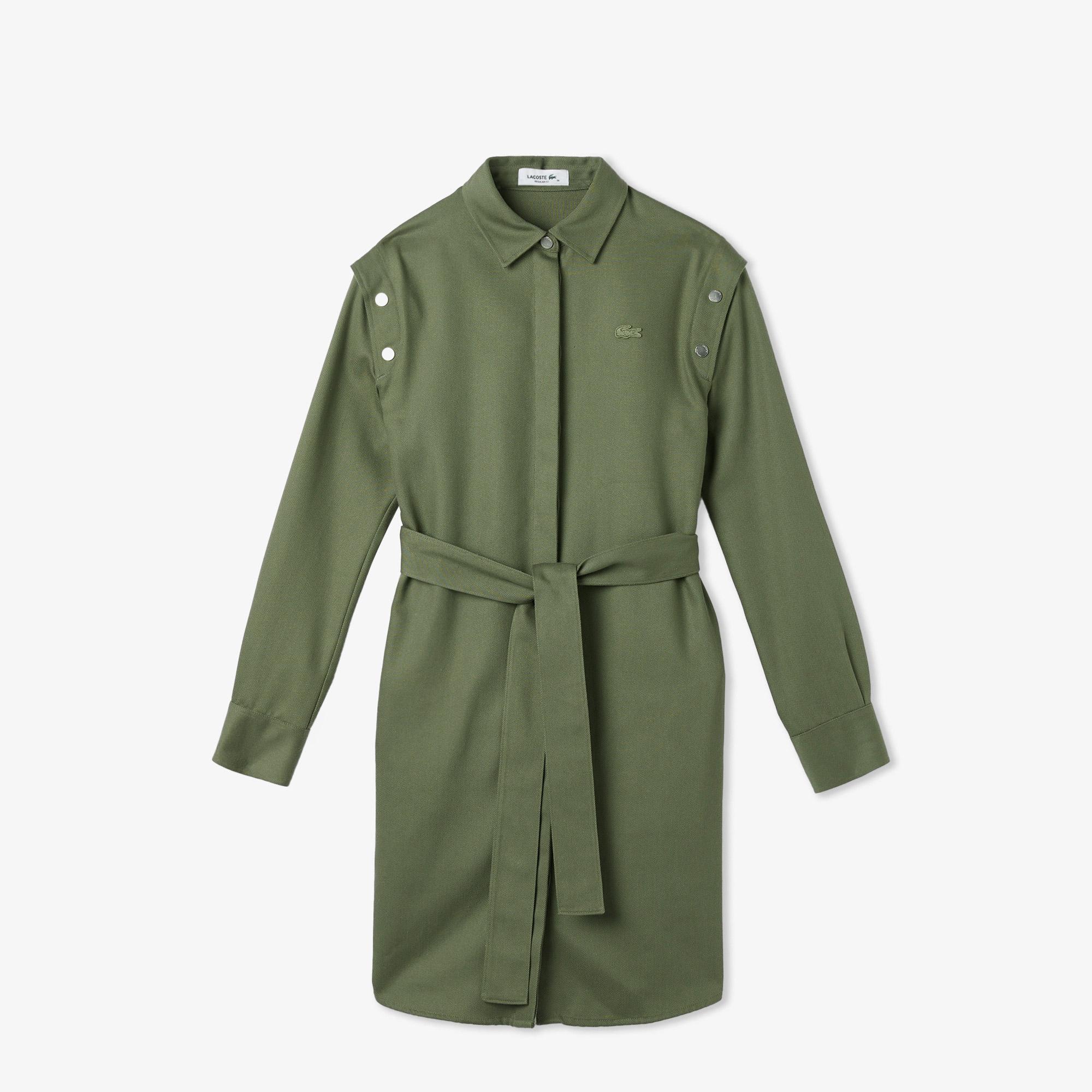 Kadın Relaxed Fit Uzun Kollu Gömlek Yaka Haki Elbise