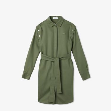  Kadın Relaxed Fit Uzun Kollu Gömlek Yaka Haki Elbise