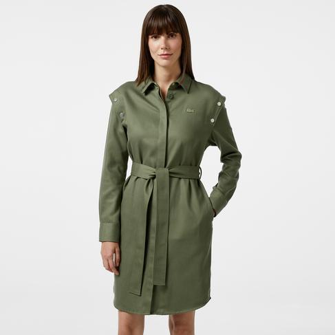  Kadın Relaxed Fit Uzun Kollu Gömlek Yaka Haki Elbise