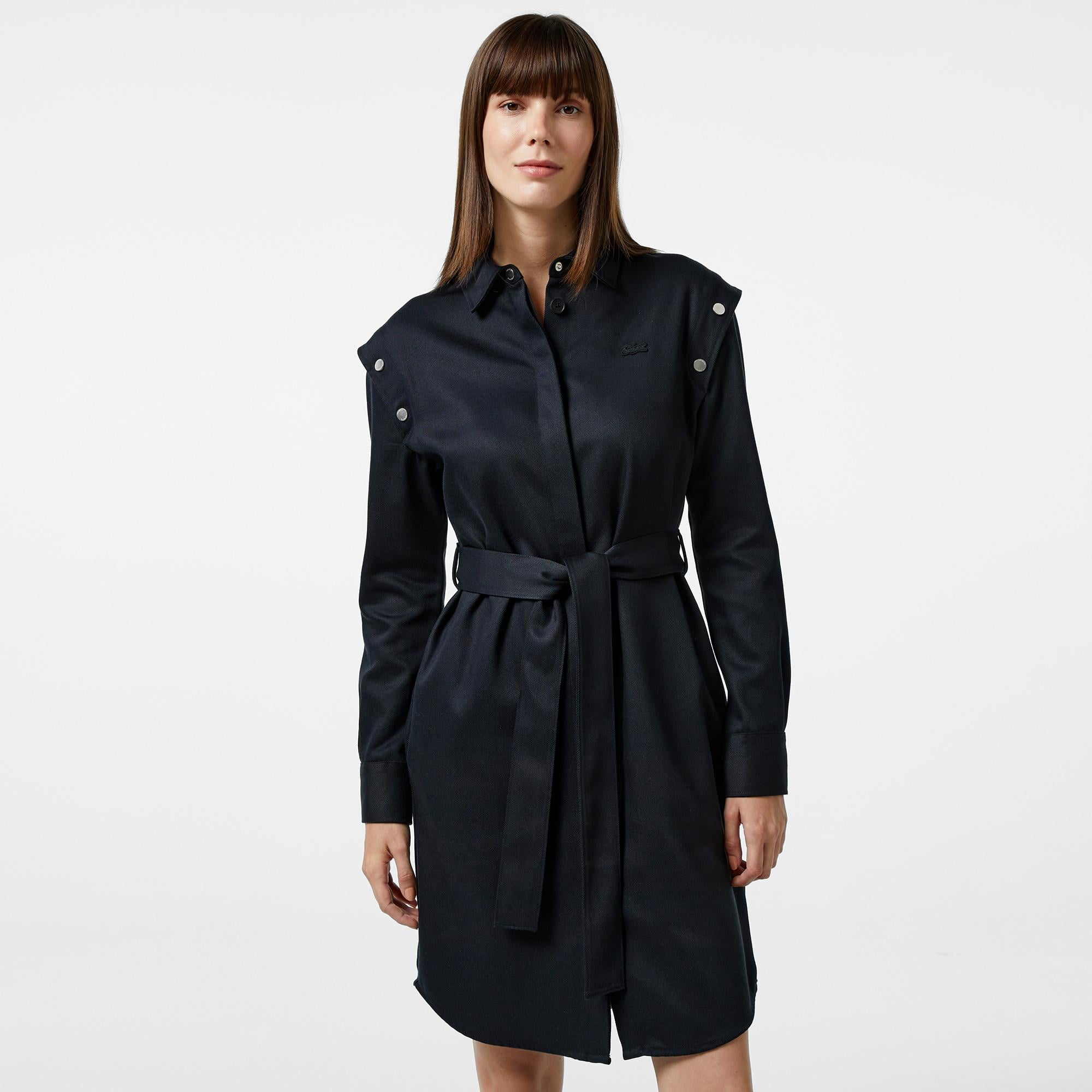 Kadın Relaxed Fit Uzun Kollu Gömlek Yaka Siyah Elbise