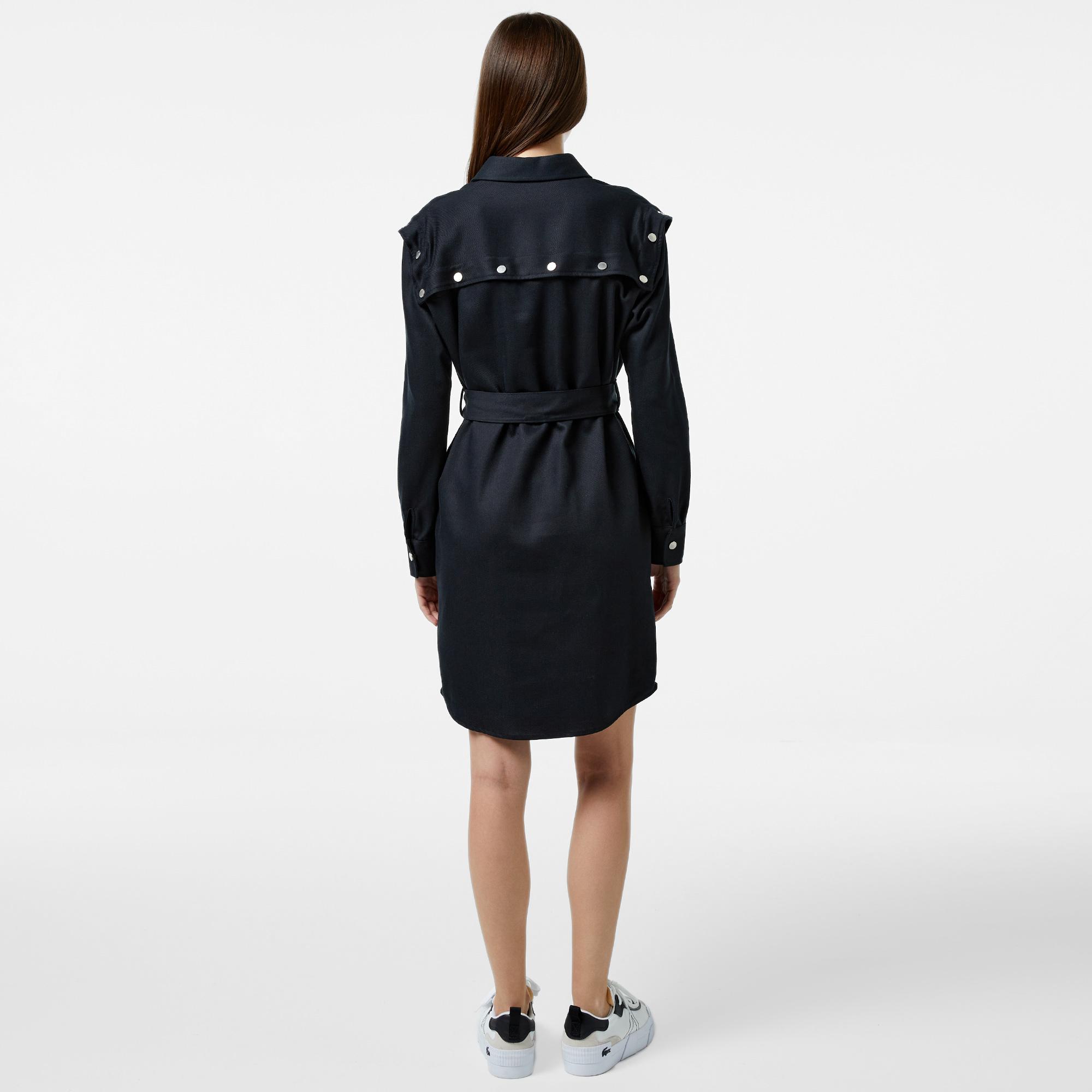 Kadın Relaxed Fit Uzun Kollu Gömlek Yaka Siyah Elbise