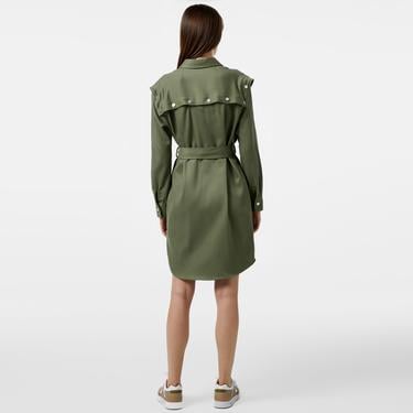  Kadın Relaxed Fit Uzun Kollu Gömlek Yaka Haki Elbise