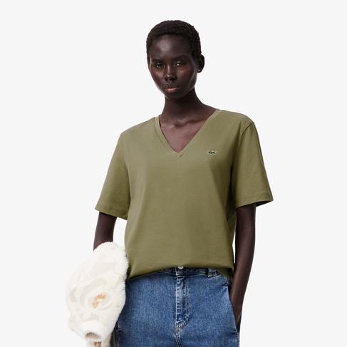  Kadın Relaxed Fit V Yaka Haki T-Shirt