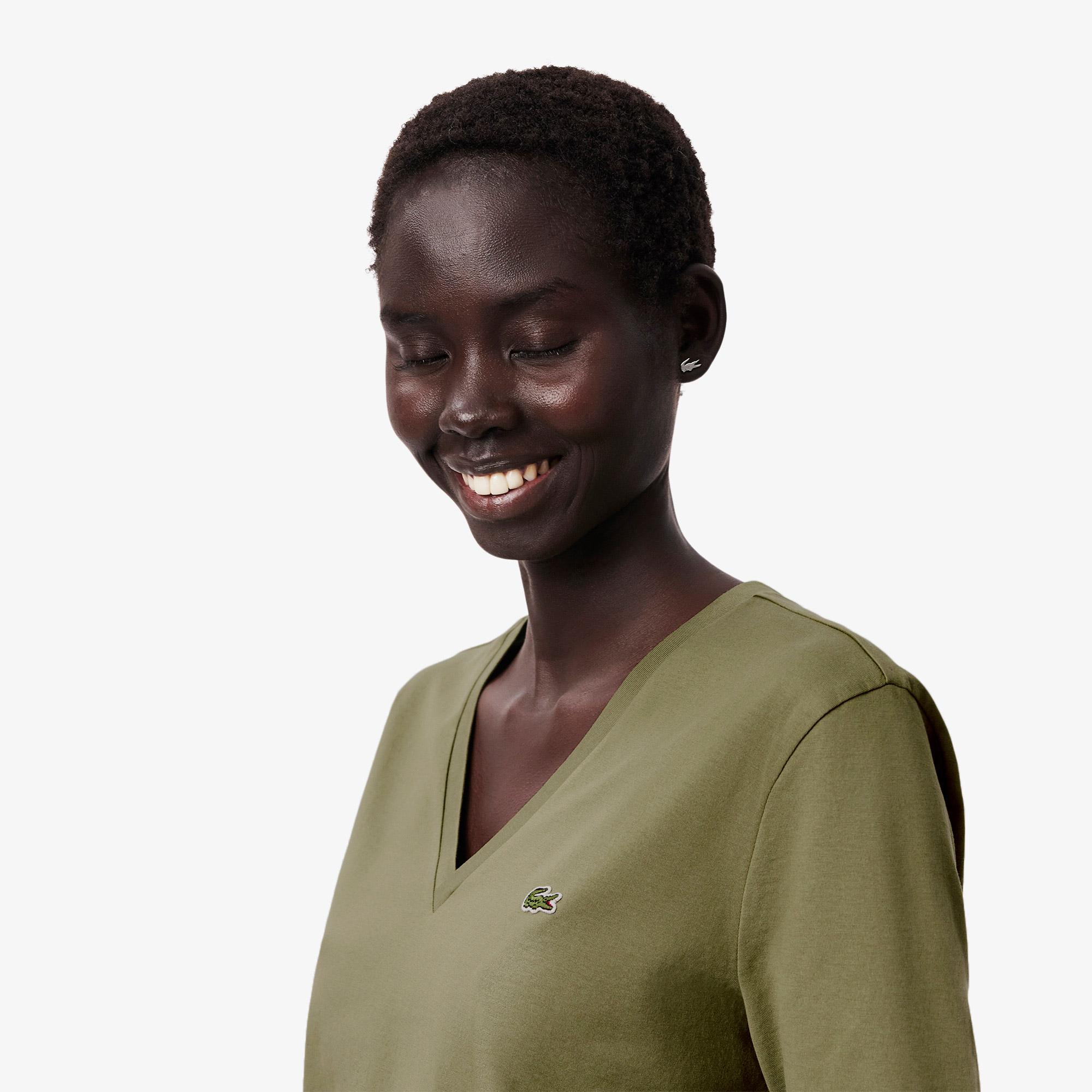 Lacoste Kadın Relaxed Fit V Yaka Haki T-Shirt