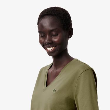  Kadın Relaxed Fit V Yaka Haki T-Shirt