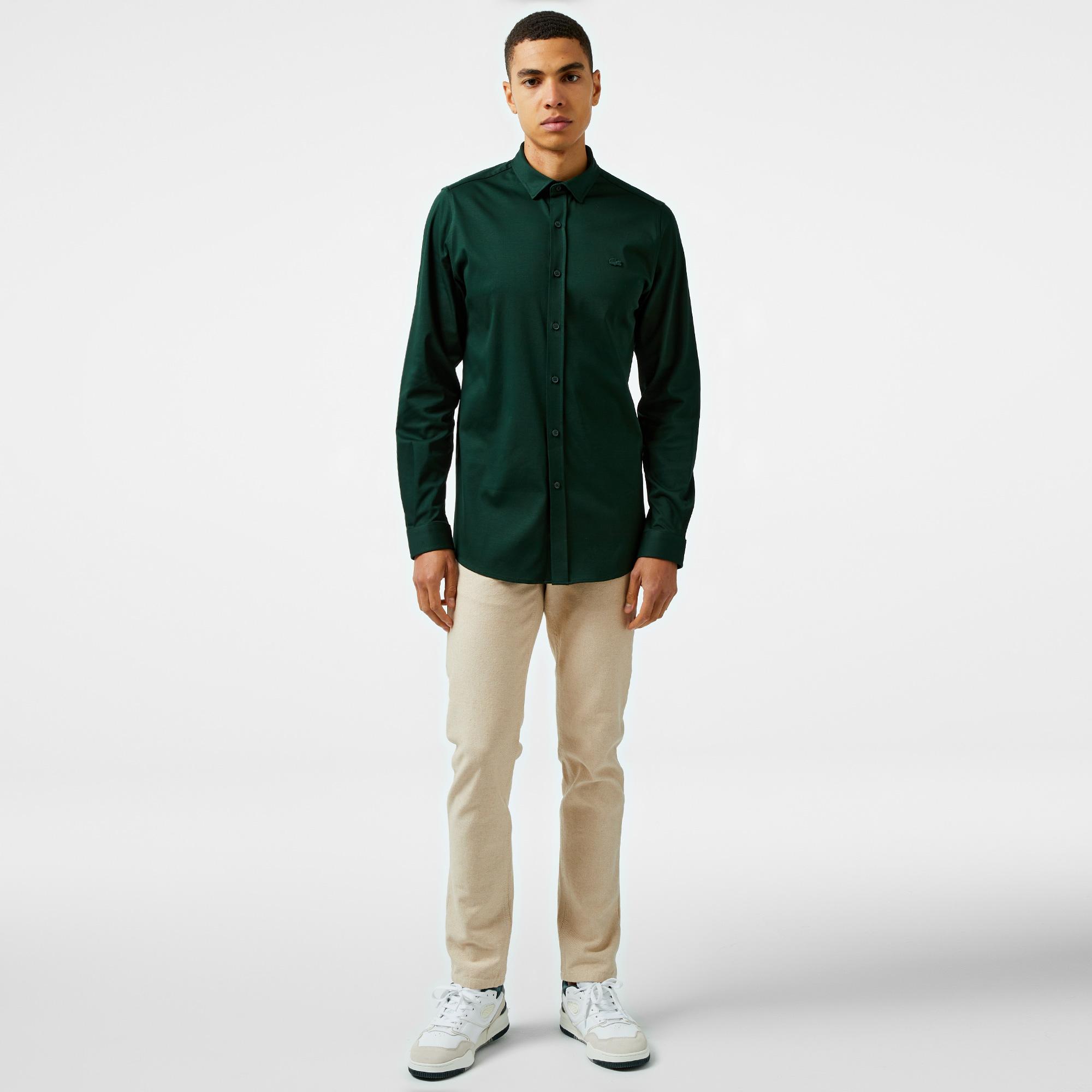 Erkek Slim Fit Koyu Yeşil Gömlek