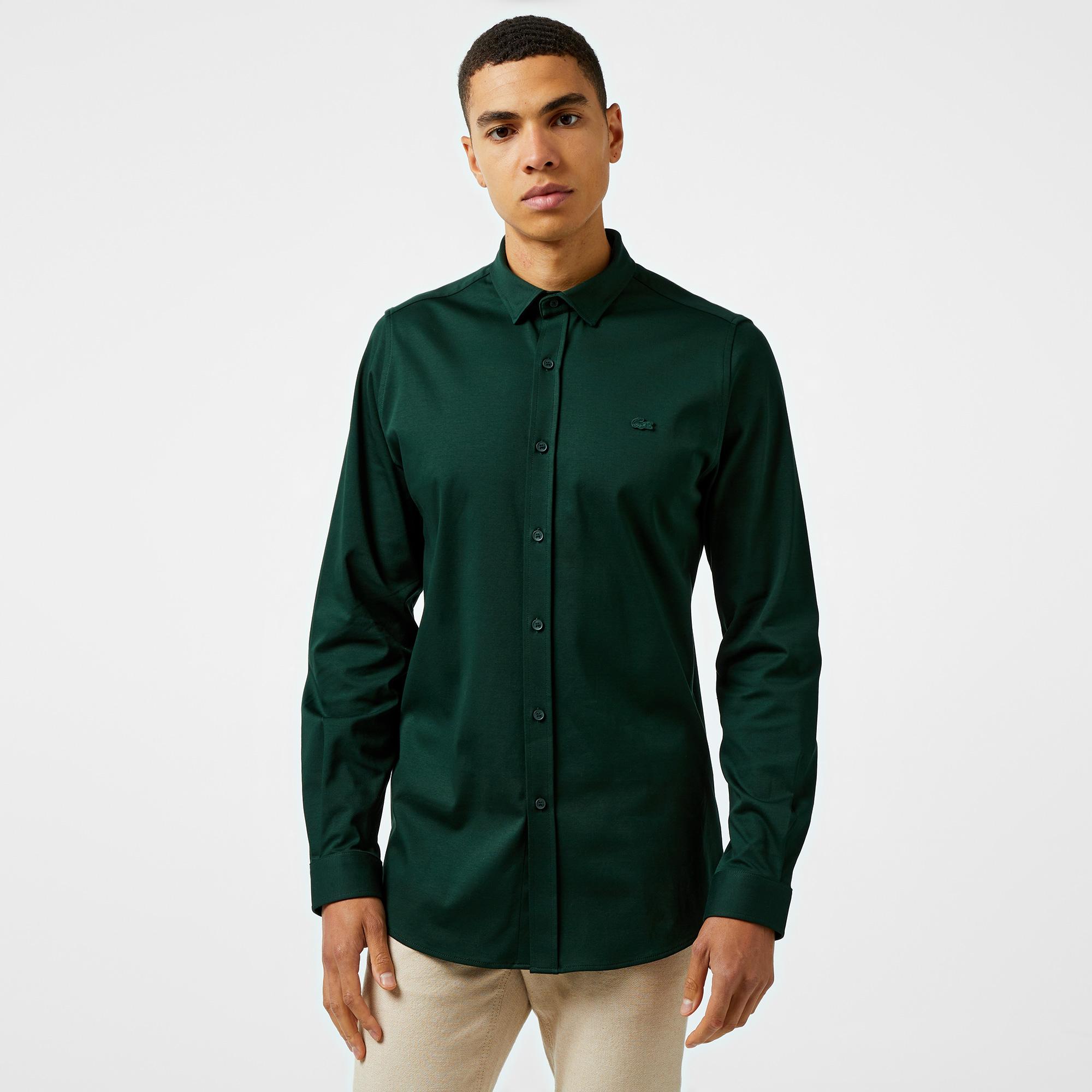 Erkek Slim Fit Koyu Yeşil Gömlek