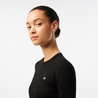  Kadın Slim Fit Uzun Kollu Bisiklet Yaka Siyah T-Shirt