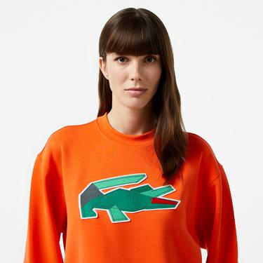  Kadın Oversize Fit Bisiklet Yaka Baskılı Turuncu Sweatshirt