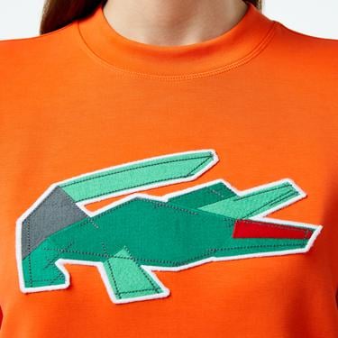  Kadın Oversize Fit Bisiklet Yaka Baskılı Turuncu Sweatshirt