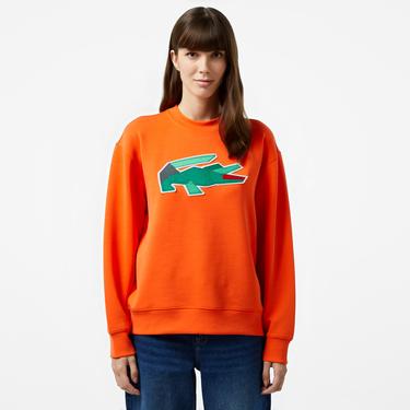  Kadın Oversize Fit Bisiklet Yaka Baskılı Turuncu Sweatshirt