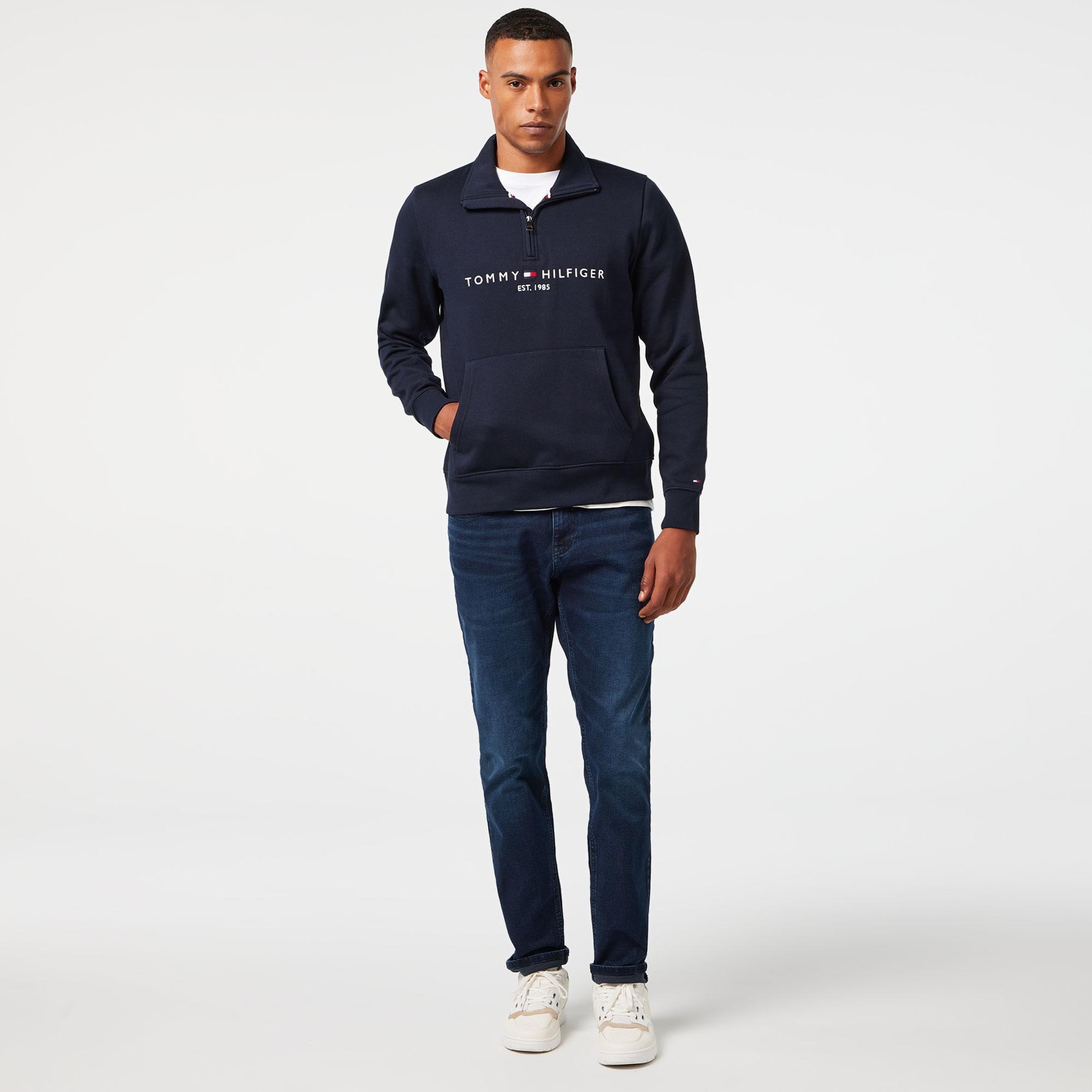 Tommy Hilfiger Tommy Logo Mockneck Erkek Mavi Sweatshirt