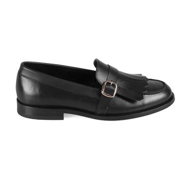  Kadın Siyah Ayarlanabilir Tokalı Deri Loafer
