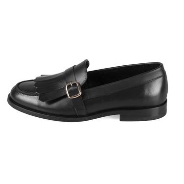 Kadın Siyah Ayarlanabilir Tokalı Deri Loafer
