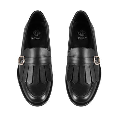  Kadın Siyah Ayarlanabilir Tokalı Deri Loafer