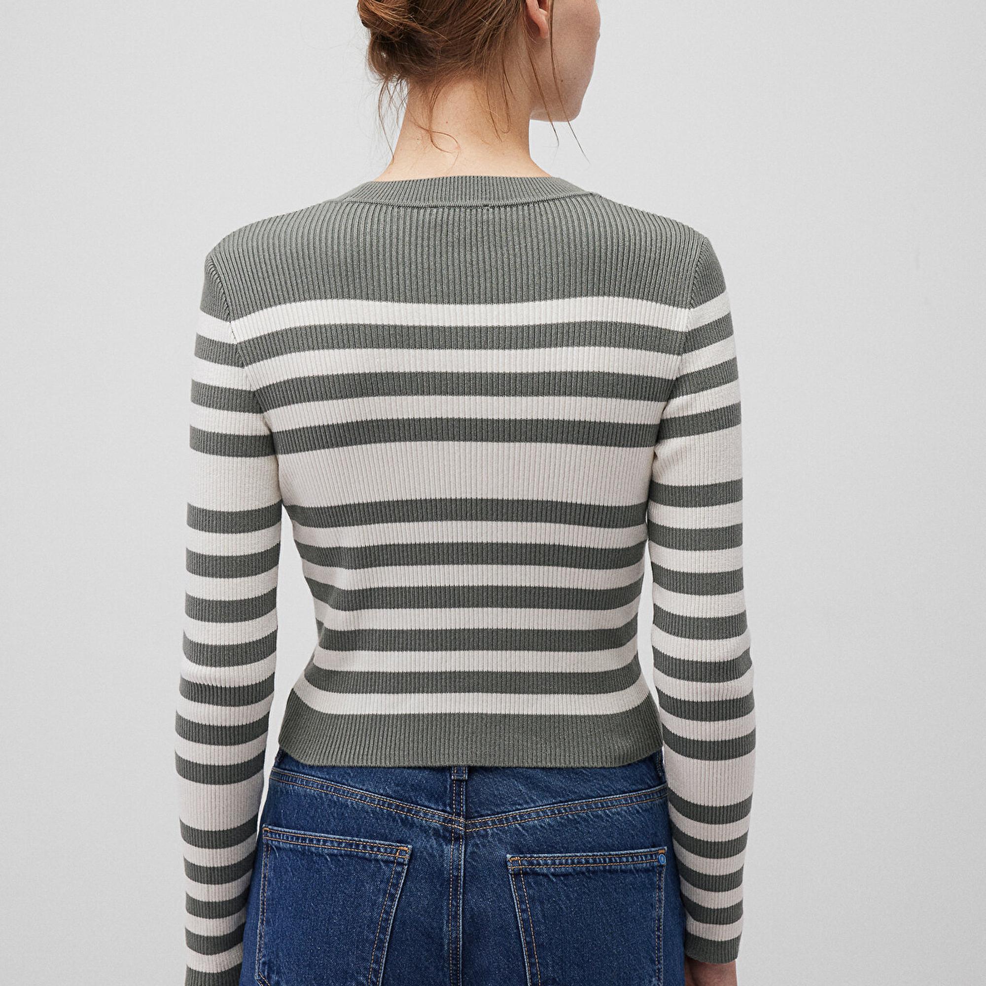 Mavi Bisiklet Yaka Çizgili Haki Kazak Fitted / Vücuda Oturan Kesim 1710521-87899