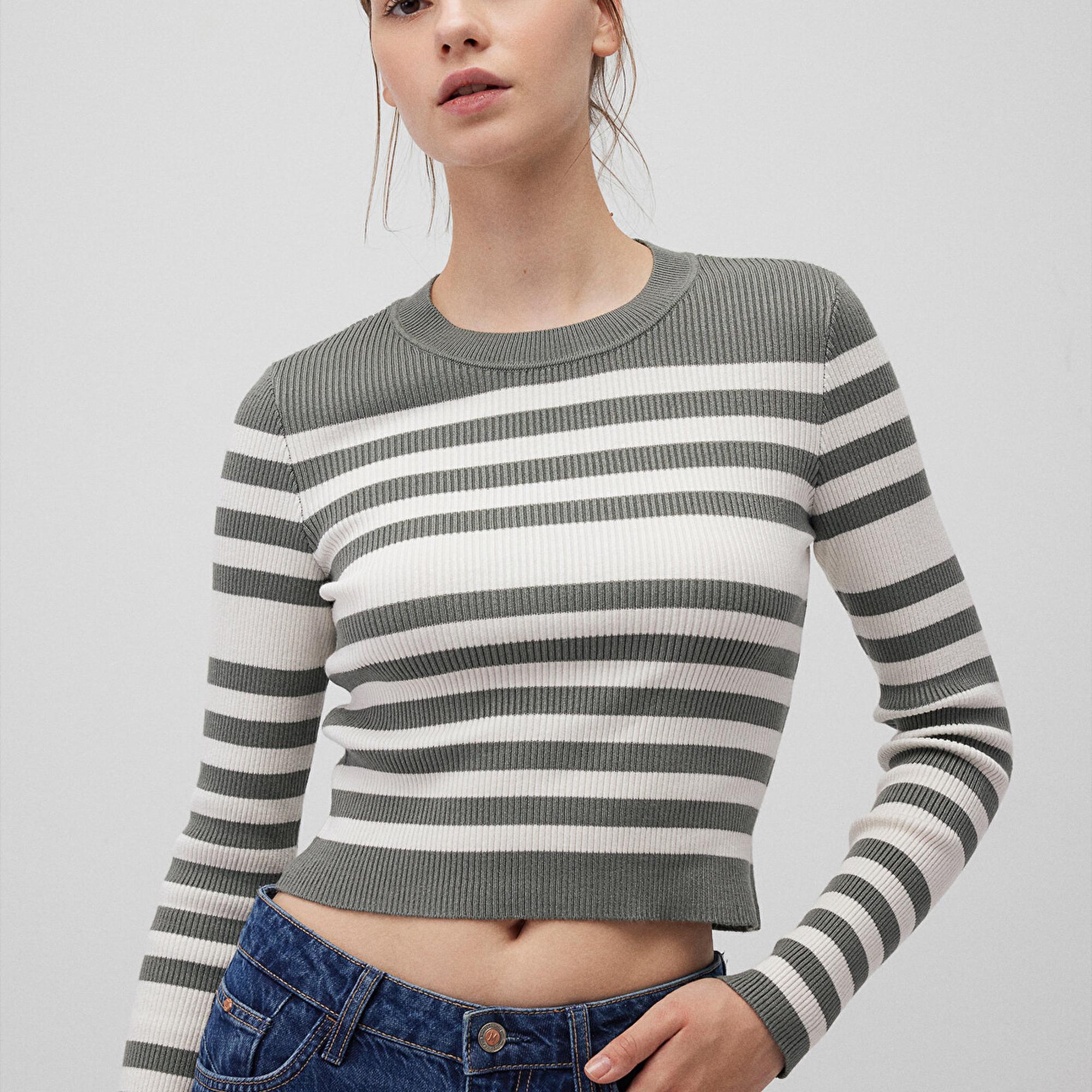 Mavi Bisiklet Yaka Çizgili Haki Kazak Fitted / Vücuda Oturan Kesim 1710521-87899