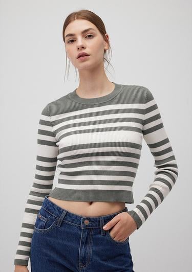  Mavi Bisiklet Yaka Çizgili Haki Kazak Fitted / Vücuda Oturan Kesim 1710521-87899