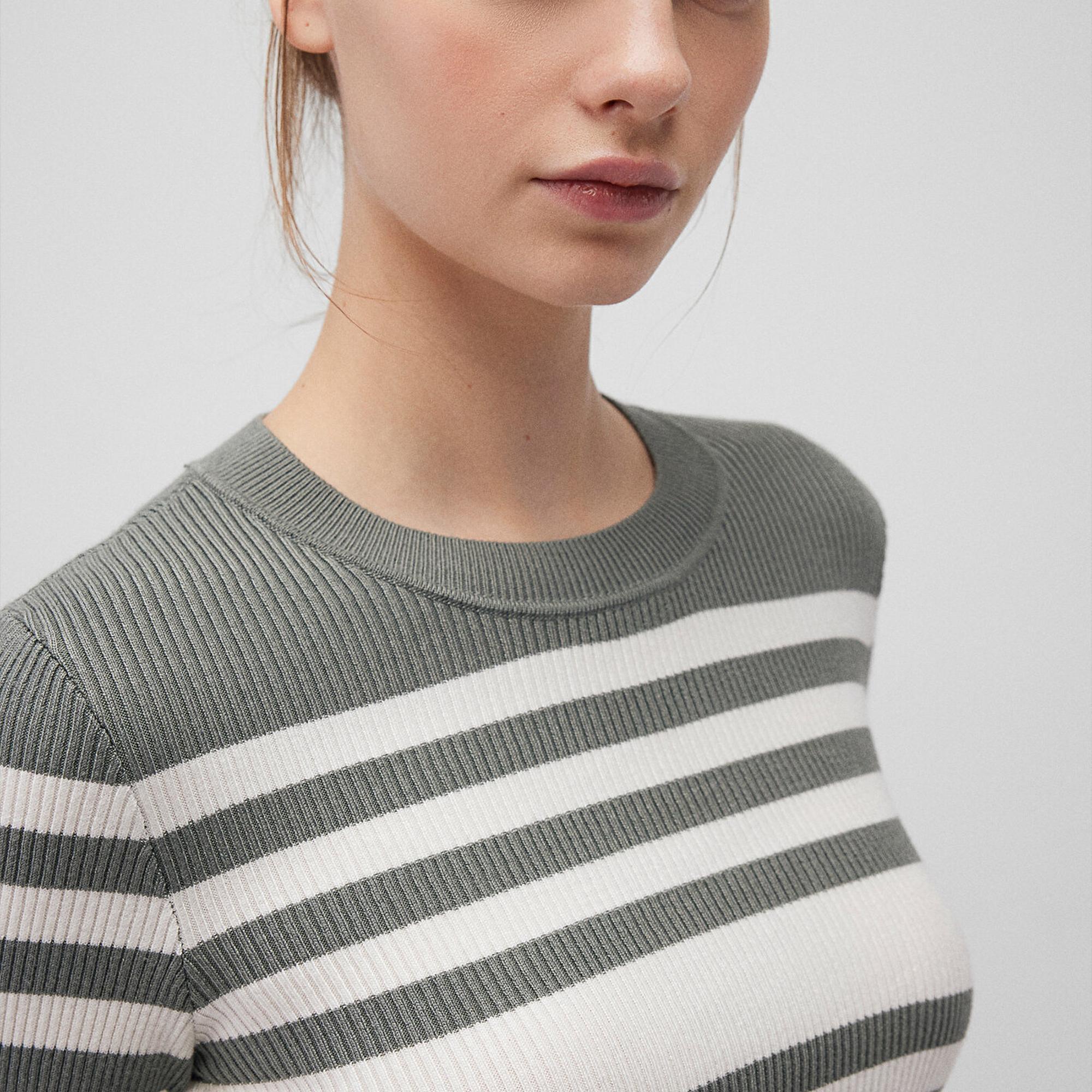 Mavi Bisiklet Yaka Çizgili Haki Kazak Fitted / Vücuda Oturan Kesim 1710521-87899