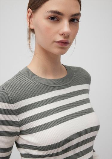  Mavi Bisiklet Yaka Çizgili Haki Kazak Fitted / Vücuda Oturan Kesim 1710521-87899