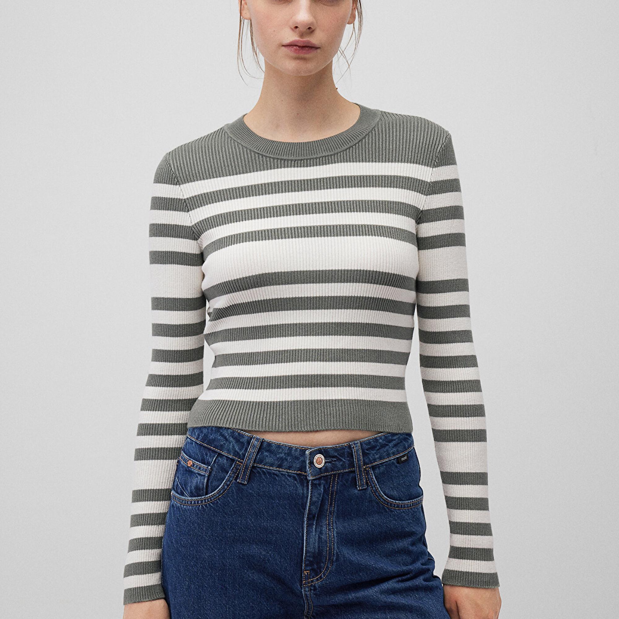 Mavi Bisiklet Yaka Çizgili Haki Kazak Fitted / Vücuda Oturan Kesim 1710521-87899