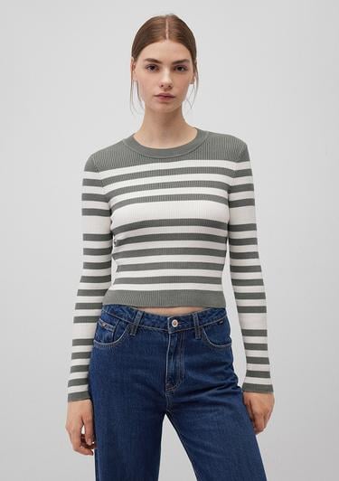  Mavi Bisiklet Yaka Çizgili Haki Kazak Fitted / Vücuda Oturan Kesim 1710521-87899