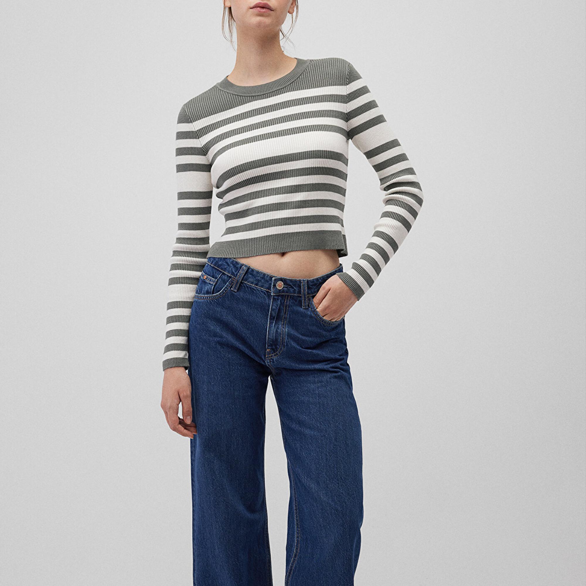 Mavi Bisiklet Yaka Çizgili Haki Kazak Fitted / Vücuda Oturan Kesim 1710521-87899