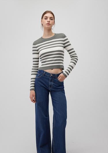  Mavi Bisiklet Yaka Çizgili Haki Kazak Fitted / Vücuda Oturan Kesim 1710521-87899