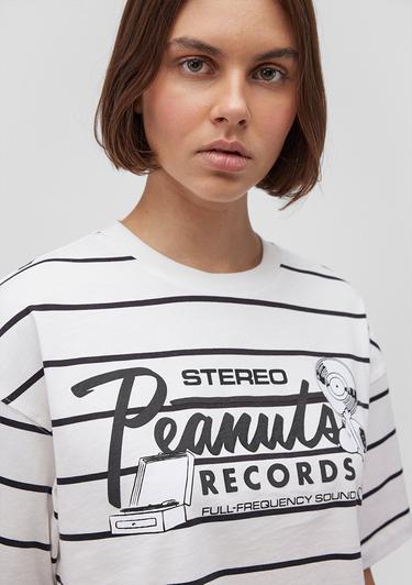  Mavi Snoopy Baskılı Çizgili Beyaz Tişört Crop / Kısa Kesim 1612849-86678