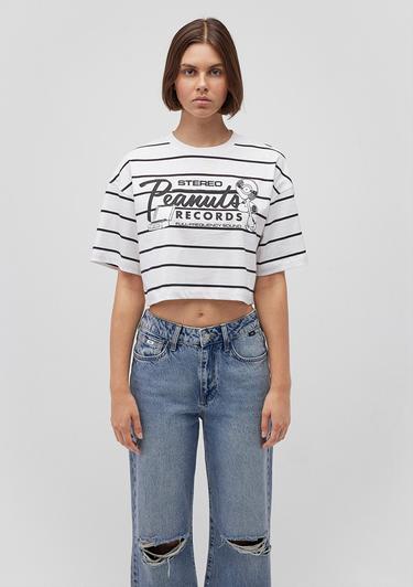  Mavi Snoopy Baskılı Çizgili Beyaz Tişört Crop / Kısa Kesim 1612849-86678