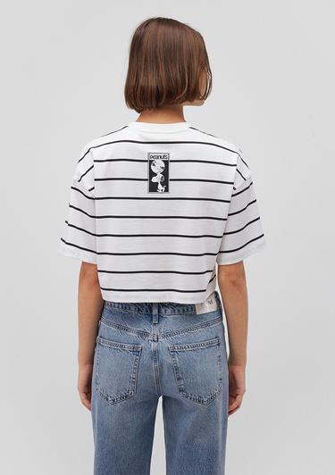  Mavi Snoopy Baskılı Çizgili Beyaz Tişört Crop / Kısa Kesim 1612849-86678