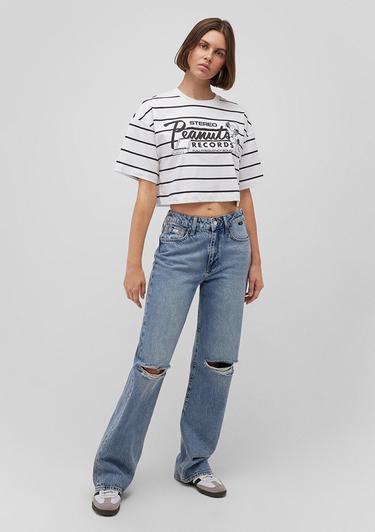  Mavi Snoopy Baskılı Çizgili Beyaz Tişört Crop / Kısa Kesim 1612849-86678