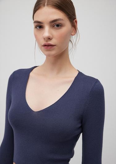  Mavi V Yaka Lacivert Kazak Crop / Kısa Kesim 1710122-70487