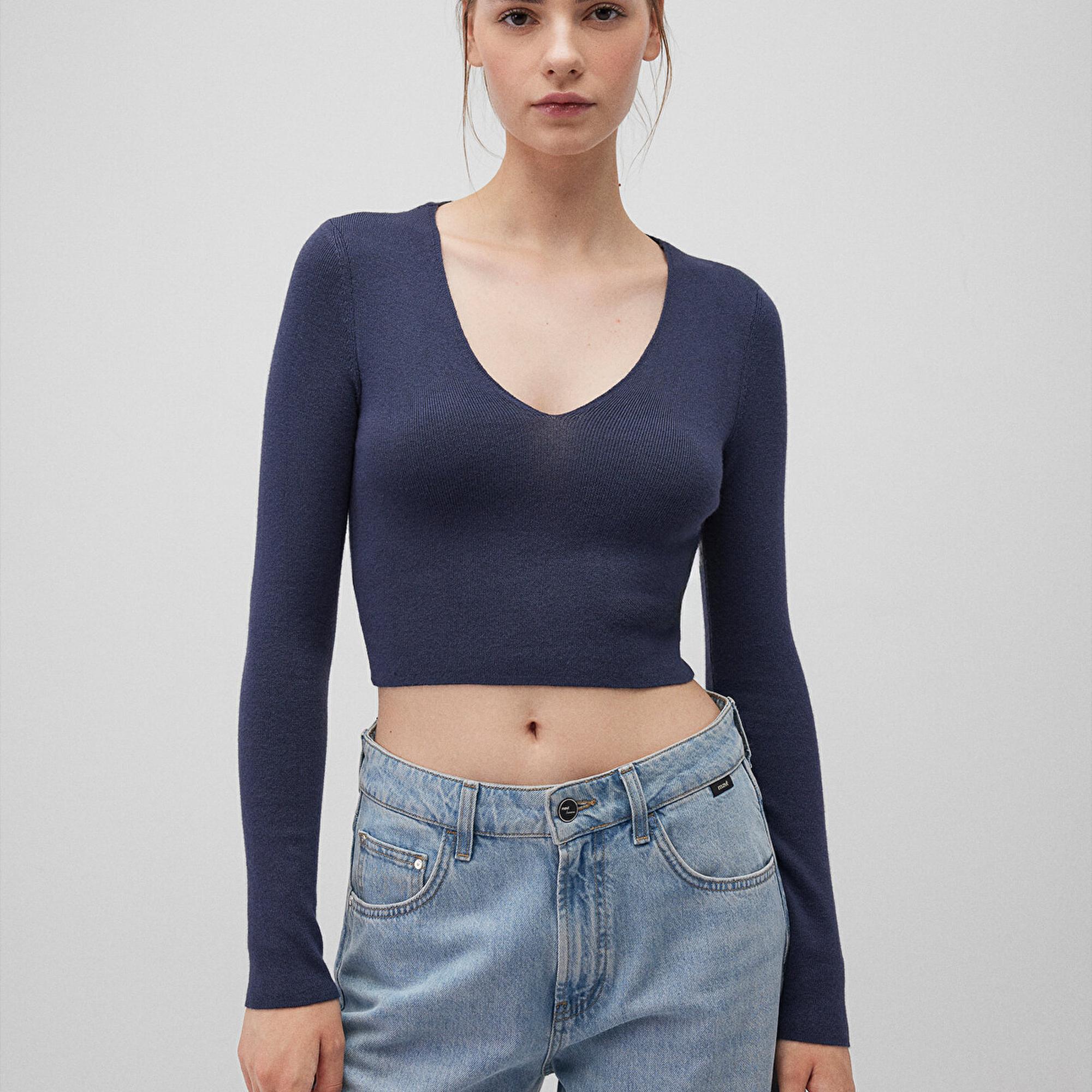 Mavi V Yaka Lacivert Kazak Crop / Kısa Kesim 1710122-70487