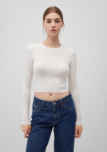  Mavi Bisiklet Yaka Beyaz Crop Kazak Crop / Kısa Kesim 1710474-70057