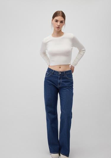  Mavi Bisiklet Yaka Beyaz Crop Kazak Crop / Kısa Kesim 1710474-70057