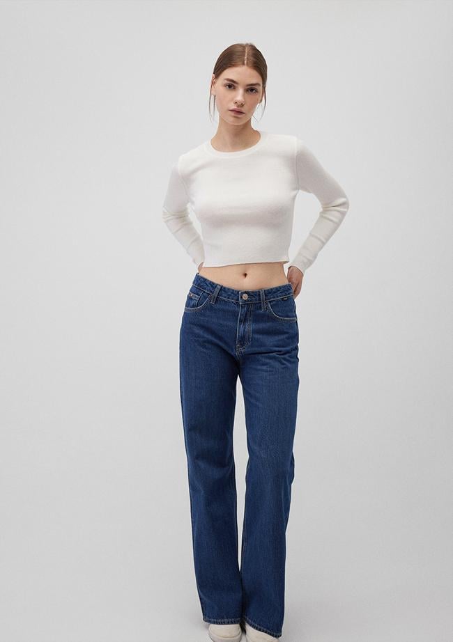  Mavi Bisiklet Yaka Beyaz Crop Kazak Crop / Kısa Kesim 1710474-70057