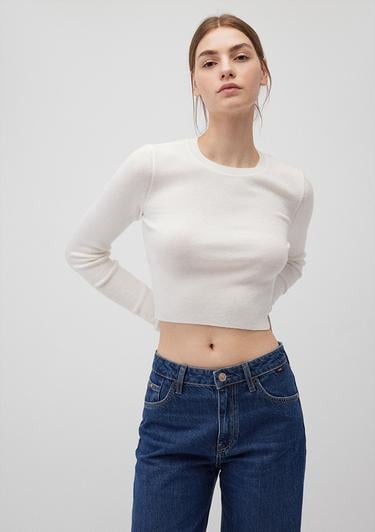  Mavi Bisiklet Yaka Beyaz Crop Kazak Crop / Kısa Kesim 1710474-70057